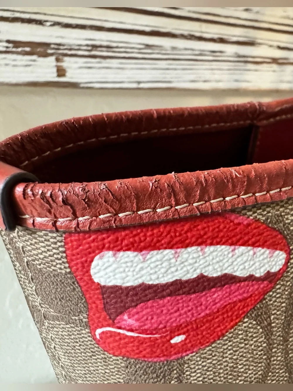 Coach x Tom Wesselman 2023 City Tote signature khaki w red smile mouth lips